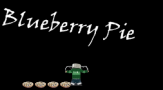 A 2011 screenshot: PotHead, the kid with a cooking pot on his head, flies in black space beside a row of pies under the words Blueberry Pie.