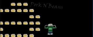 A 2011 screenshot: rows of Snacky Cakes in black space around PotHead, the kid with a cooking pot on his head, under faint lettering reading Pork N' Bains.