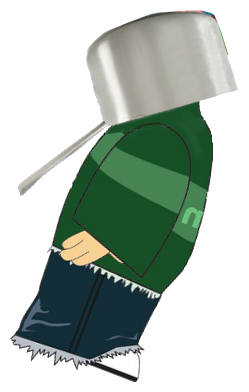 The 2011 PotHead from the side: a kid in a green sweater and jeans with a steel cooking pot over his head, the handle pointing back.