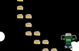 A 2011 screenshot: a staircase of Snacky Cakes in black space, and PotHead, the kid with a cooking pot on his head, flying past a cloud.