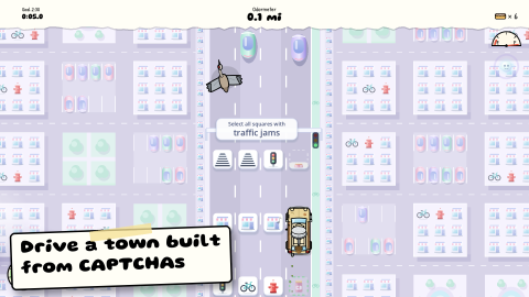 Seen from above, PotHead's car, the Guzzler, drives up a pastel road through blocks of CAPTCHA tiles toward a gate whose card asks to select all squares with traffic jams. Caption: Drive a town built from CAPTCHAs.