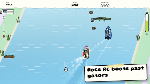 Seen from above, PotHead, the kid with a cooking pot on his head, races RC boat number 6 up a lake through milk-jug gates, behind a town kid's blue boat number 3 with a rubber duck aboard, past a gator and pies floating on the water. Caption: Race RC boats past gators.