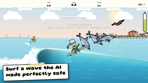 PotHead, the kid with a cooking pot on his head, surfs a curling blue wave while dolphins leap behind him, a turtle swims below, and a pier runs along the shore. Caption: Surf a wave the AI has made perfectly safe.