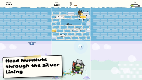 PotHead, the kid with a cooking pot on his head, flies up under a cracked brick ceiling that opens onto the real blue sky, with NumNuts bouncing above him. Caption: Head NumNuts through the silver lining.