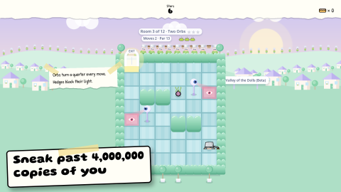 A board of hedges and pink eye tiles in a pastel valley of identical houses, with PotHead, the kid with a cooking pot on his head, at the bottom and watchful orbs on posts. Caption: Sneak past 4,000,000 copies of you.