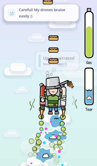 PotHead, the kid with a steel cooking pot over his eyes, burns his jetpack up through a lavender and mint sky of rounded clouds toward a stack of Snacky Cakes, leaving torn holes onto the real blue sky. Totally Safe AI says: Careful! My drones bruise easily :)