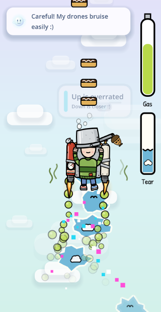 PotHead, the kid with a steel cooking pot over his eyes, burns his jetpack up through a lavender and mint sky of rounded clouds toward a stack of Snacky Cakes, leaving torn holes onto the real blue sky. Totally Safe AI says: Careful! My drones bruise easily :)