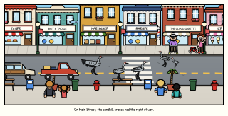 Sandhill cranes stroll down the middle of Main Street, one with its wings out, while a pickup truck waits behind them, past the diner, the bait and tackle shop, the hardware store, the barber, and the town paper, with an old lady at her walker, a kid by his bike, and people watching from the curb. Caption: On Main Street, the sandhill cranes had the right of way.
