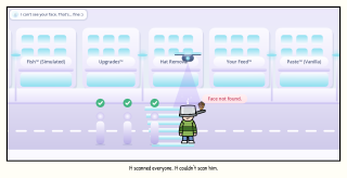 On Totally Safe AI's glossy street of shops named Upgrades, Hat Removal, and Your Feed, a drone's scan gives each copy of the townsfolk a green check, but over PotHead, the kid with a steel cooking pot over his eyes, it says Face not found. Totally Safe AI says: I can't see your face. That's... fine :) Caption: It scanned everyone. It couldn't scan him.