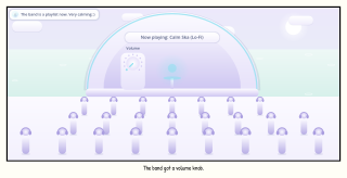 Totally Safe AI's copy of the Band Shell: one glossy dome with a smart speaker, a volume knob turned down, and a sign reading Now playing: Calm Ska (Lo-Fi), over rows of identical rounded listeners in headphones. Totally Safe AI says: The band is a playlist now. Very calming :) Caption: The band got a volume knob.