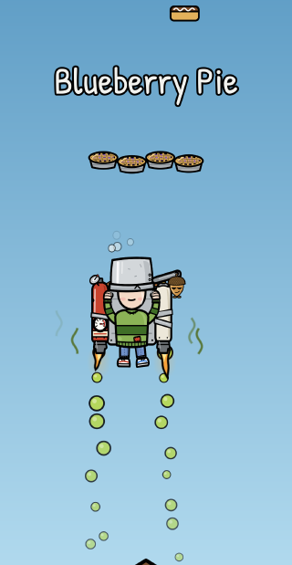PotHead, a cartoon kid wearing a steel cooking pot over his eyes, jetpacks up from the outhouse on a trail of green gas toward four pies under a chalk banner reading Blueberry Pie.