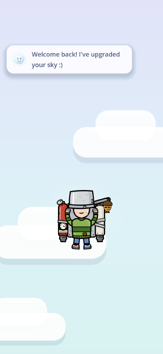 PotHead, a cartoon kid wearing a steel cooking pot over his eyes, hovers in Totally Safe AI's pastel sky with its rounded clouds. Its message says: Welcome back! I've upgraded your sky :)