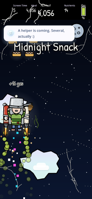 PotHead, the kid with a steel cooking pot over his eyes, climbs past a pastel tear in the cracked night sky toward a chalk banner reading Midnight Snack. Totally Safe AI has renamed the 2011 HUD's captions to Screen Time, Ideal, and Nutrients, and it says: A helper is coming. Several, actually :)