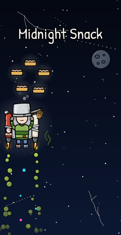 PotHead, a cartoon kid wearing a steel cooking pot over his eyes, jetpacks through black, starry space past the blue moon toward a ring of Snacky Cakes under a chalk banner reading Midnight Snack, while hairline cracks spread across the sky.