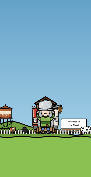 PotHead, a cartoon kid wearing a steel cooking pot over his eyes, stands with his homemade jetpack in front of the outhouse in The Cloud. A water tower reads THE CLOUD, a billboard says Welcome to The Cloud, and a cow stands by the fence.