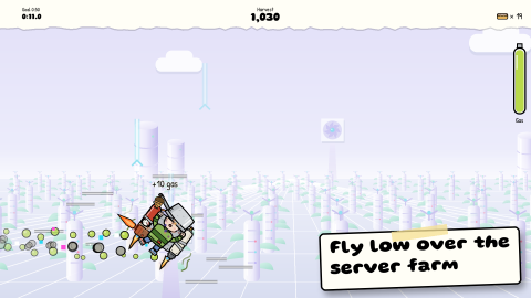 PotHead, the kid with a cooking pot on his head, jetpacks low over endless rows of white server stalks under a pastel sky, trailing green gas. Caption: Fly low over the server farm.