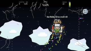 A widescreen view of the cracked night sky at 4,634 ft: PotHead, the kid with a steel cooking pot over his eyes, flies between pastel tears as a float reads Gas Station (2 in a row)! +15.