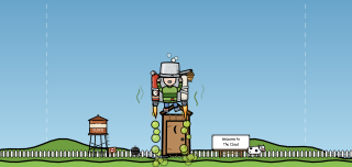 A widescreen view of The Cloud: PotHead, the kid with a steel cooking pot over his eyes, lifts off over the outhouse on green gas, between the water tower and the Welcome to The Cloud billboard.