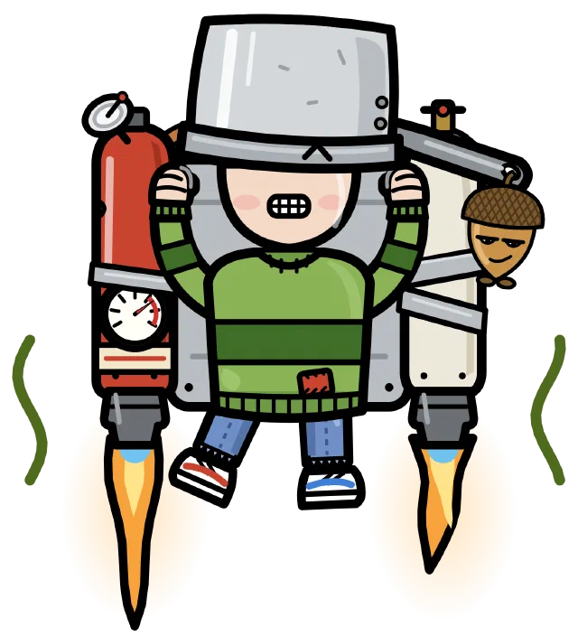 PotHead, a kid with a steel cooking pot over his eyes, at full burn on his homemade jetpack, with NumNuts on the pot handle