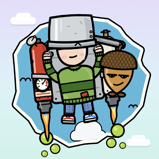 The app icon: PotHead, a kid with a steel cooking pot over his eyes, and NumNuts the acorn jetpack up out of a torn hole onto the real blue sky, in Totally Safe AI's pastel sky