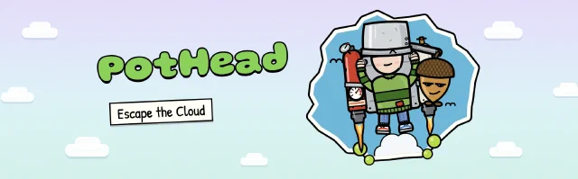 A wide banner: the PotHead wordmark and an Escape the Cloud sticker on a pastel sky, and PotHead, the kid with a cooking pot on his head, and NumNuts the acorn jetpacking out of a torn hole onto the real sky
