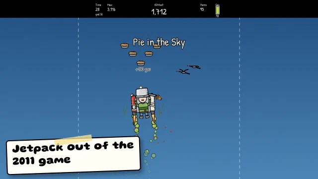 PotHead, a cartoon kid with a steel cooking pot over his eyes, jetpacks up a deep blue sky toward four pies under a chalk banner reading Pie in the Sky, below the 2011 game's black HUD strip. Caption: Jetpack out of the 2011 game.