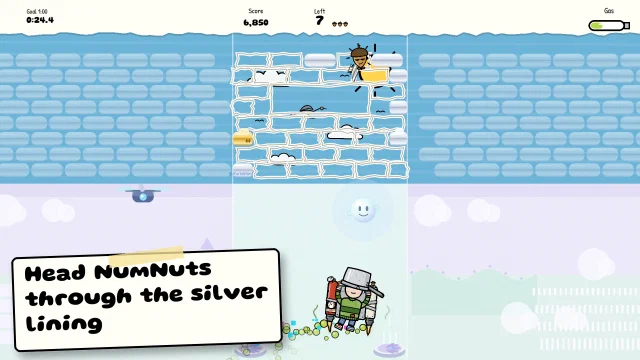 PotHead, the kid with a cooking pot on his head, flies up under a cracked brick ceiling that opens onto the real blue sky, with NumNuts bouncing above him. Caption: Head NumNuts through the silver lining.