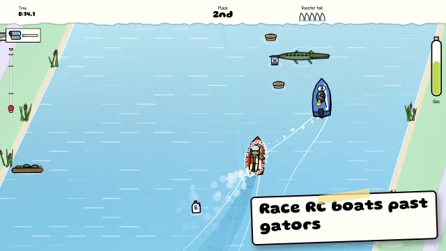 Seen from above, PotHead, the kid with a cooking pot on his head, races RC boat number 6 up a lake through milk-jug gates, behind a town kid's blue boat number 3 with a rubber duck aboard, past a gator and pies floating on the water. Caption: Race RC boats past gators.