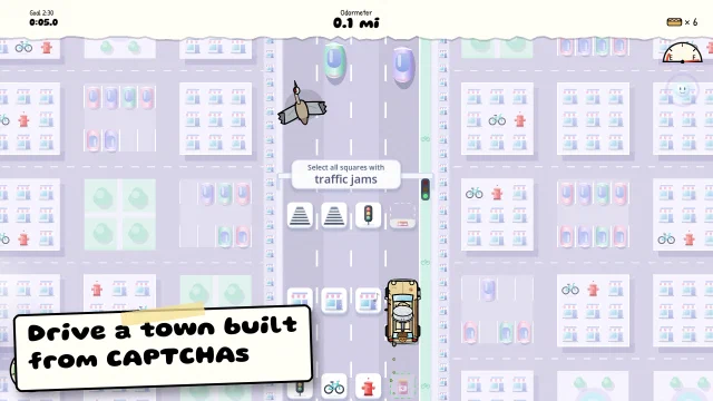 Seen from above, PotHead's car, the Guzzler, drives up a pastel road through blocks of CAPTCHA tiles toward a gate whose card asks to select all squares with traffic jams. Caption: Drive a town built from CAPTCHAs.