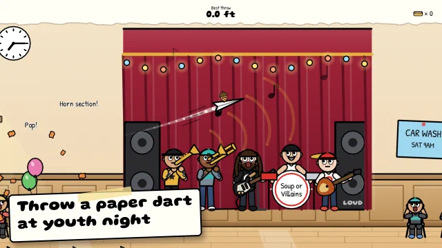 A paper dart with NumNuts aboard sails past a five-piece band on a youth-night stage, with kids on the bleachers below. Caption: Throw a paper dart at youth night.
