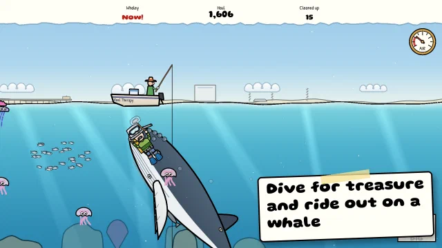 PotHead, the kid with a cooking pot on his head, a dive mask strapped over it, rides a whale up toward the surface past a school of fish and a few jellyfish, beside the line from a fisherman's boat. Caption: Dive for treasure and ride out on a whale.