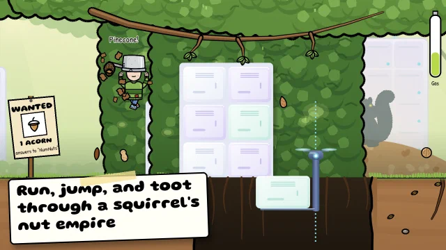 PotHead, the kid with a cooking pot on his head, jumps through a tall hedge as a pinecone bursts around him, past a WANTED poster for one acorn that answers to NumNuts, beside a stack of glossy pastel lockers and a hovering drone. Caption: Run, jump, and toot through a squirrel's nut empire.