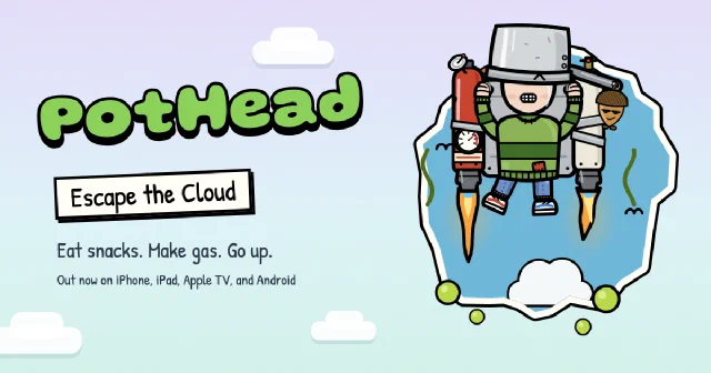 The social card: the PotHead wordmark and tagline, and PotHead, the kid with a cooking pot on his head, flying out of a torn hole in a pastel sky